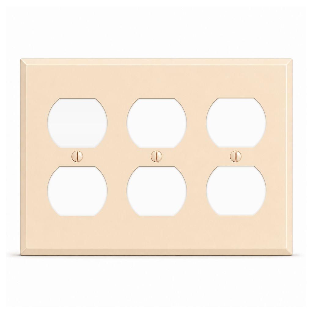 3-Gang, Standard Size, (3) Duplex Openings, Almond Semi-Gloss Finish, Metal Wall Plate Outlet Cover - Made in USA