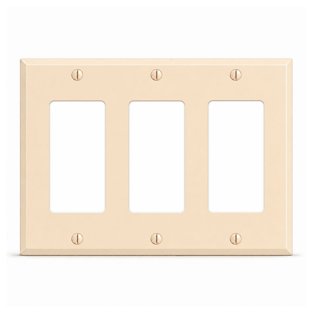 3-Gang, Standard Size, (3) GFCI Openings, Almond Semi-Gloss Finish, Metal Wall Plate Outlet Cover - Made in USA
