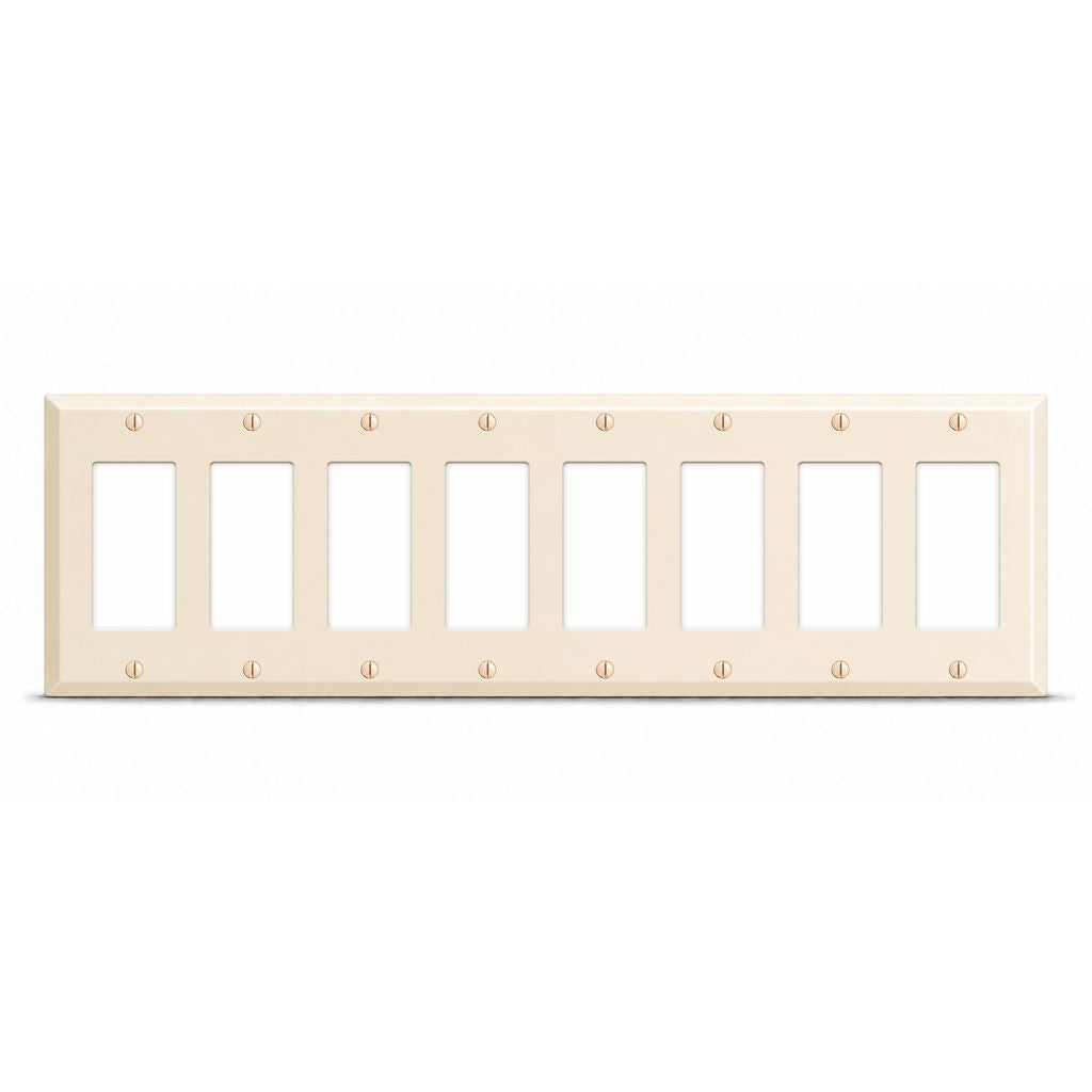 8-Gang, Standard Size, (8) Block Duplex / GFI Openings, Almond Semi-Gloss Finish, Metal Wall Plate Outlet Cover - Made in USA