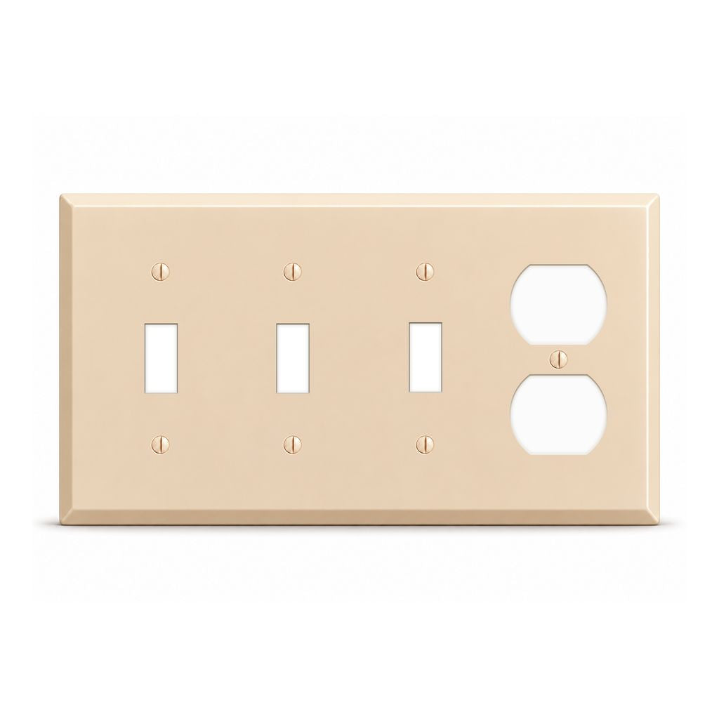 4-Gang, Standard Size, 3 Toggle and 1 Duplex Opening, Almond Semi-Gloss Finish, Metal Wall Plate Outlet Cover - Made in USA