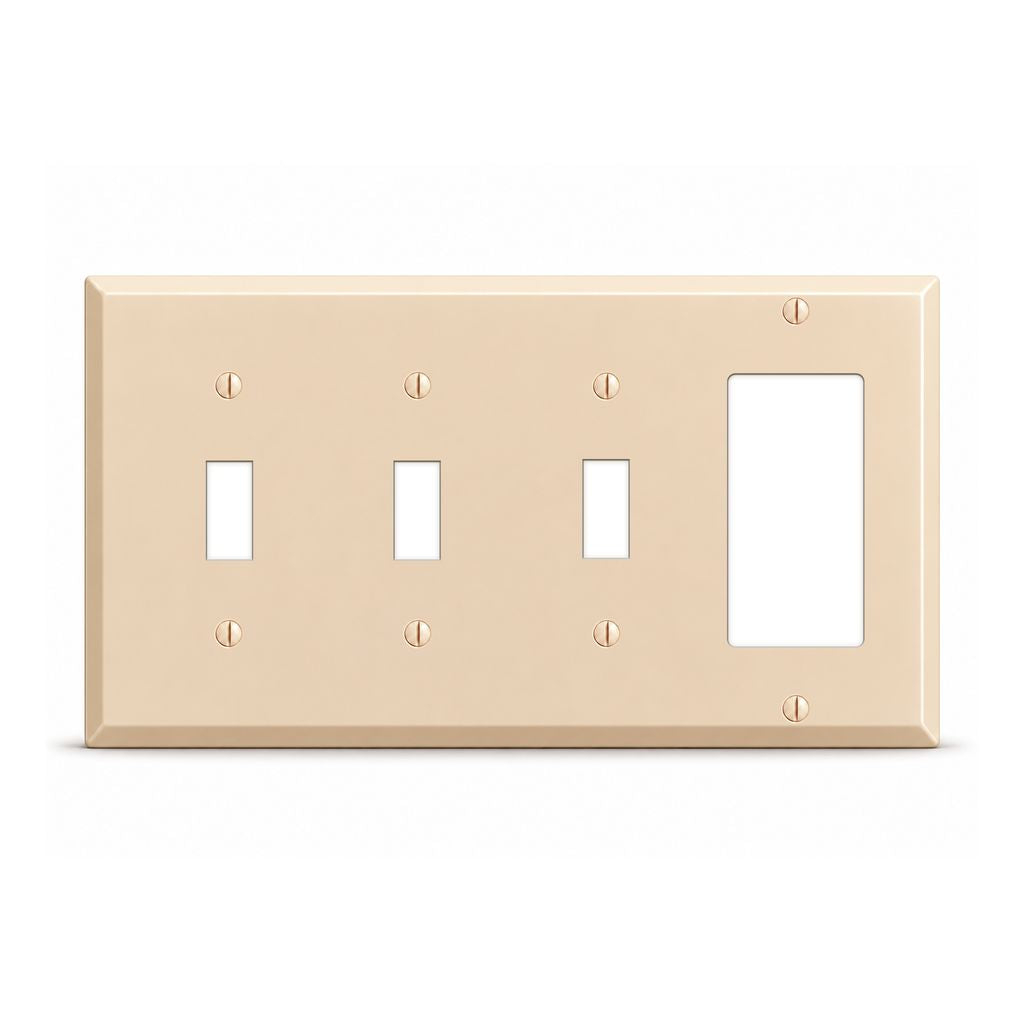 4-Gang, Standard Size, 3 Toggle, 1 GFI Opening, Ivory Semi-Gloss Finish, Metal Wall Plate Outlet Cover - Made in USA