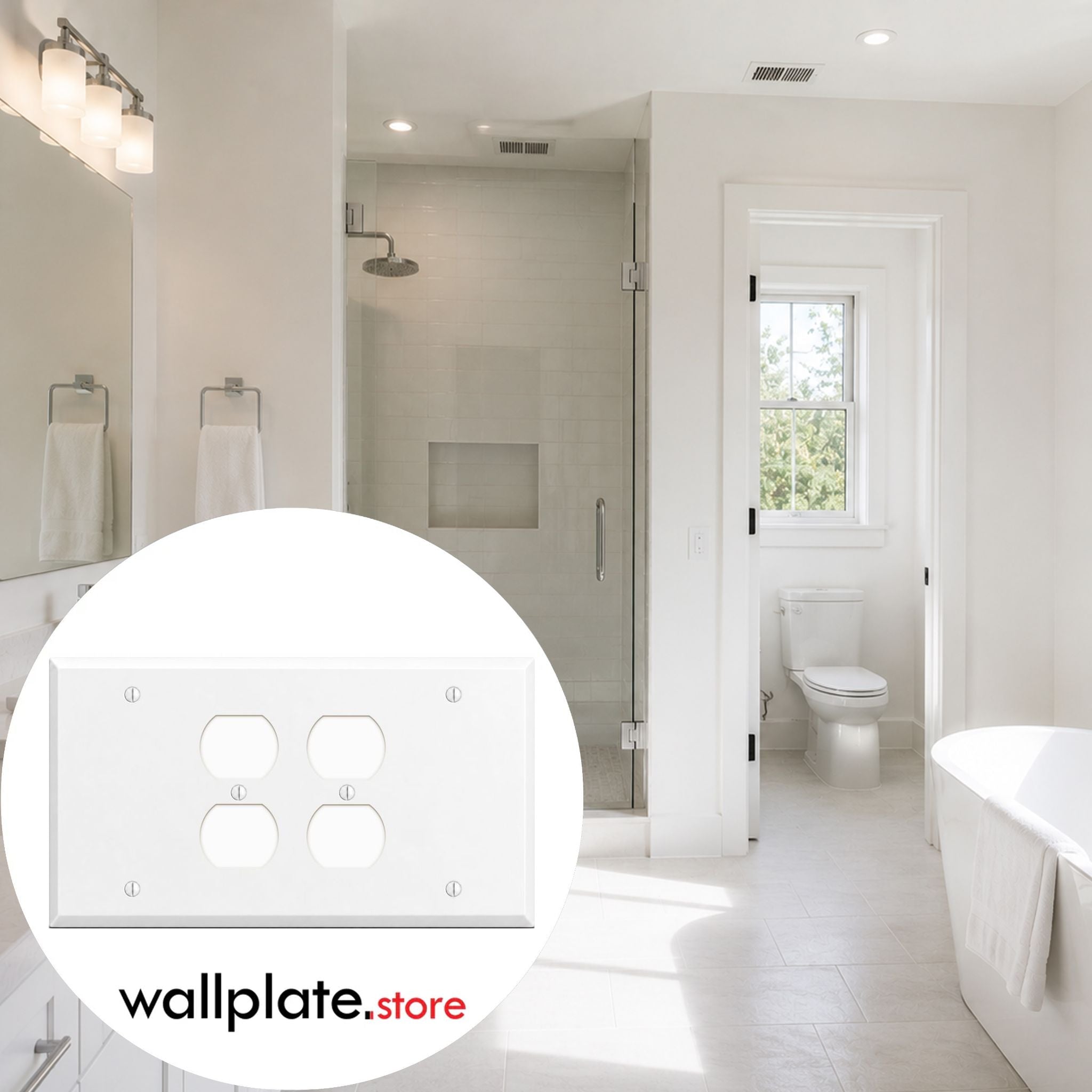 4-Gang, Standard Size, (1) Blank, (2) Duplex, (1) Blank Configuration, White Semi-Gloss Painted Metal Wall Plate Outlet Cover - Made in USA