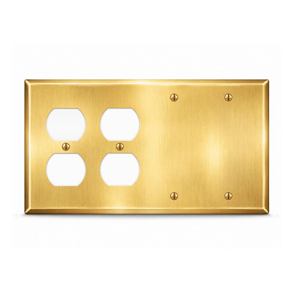 4-Gang, Standard Size, 2 Duplex Outlet Openings, 2 Blank Openings, Satin Brass Finish, Metal Wall Plate Outlet Cover - Made in USA