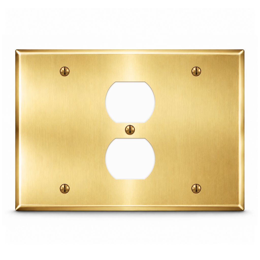 3-Gang, Standard Size, (1) Blank, (1) Duplex, (1) Blank Opening, Satin Brass Finish, Metal Wall Plate Outlet Cover - Made in USA