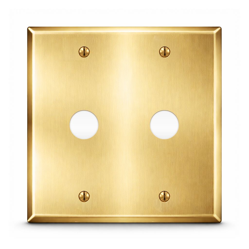 2-Gang, Standard Size, 2 x 5/8 in. Round Telephone Openings, Satin Brass Finish, Metal Wall Plate Outlet Cover - Made in USA
