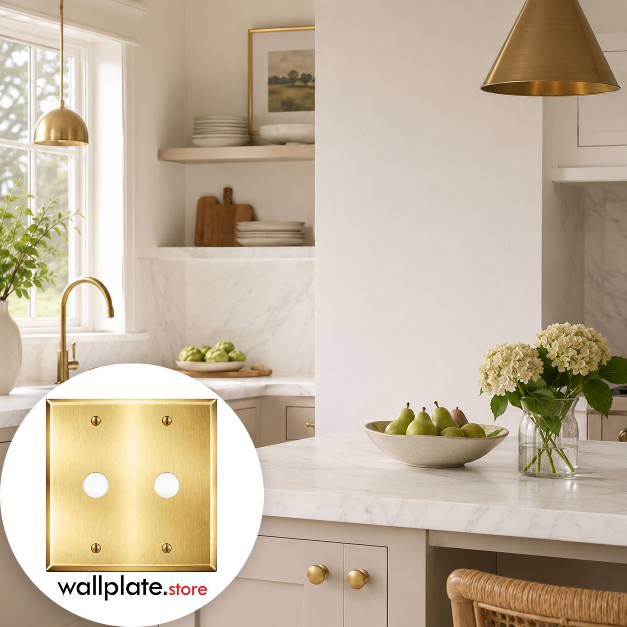 2-Gang, Standard Size, 2 x 5/8 in. Round Telephone Openings, Satin Brass Finish, Metal Wall Plate Outlet Cover - Made in USA