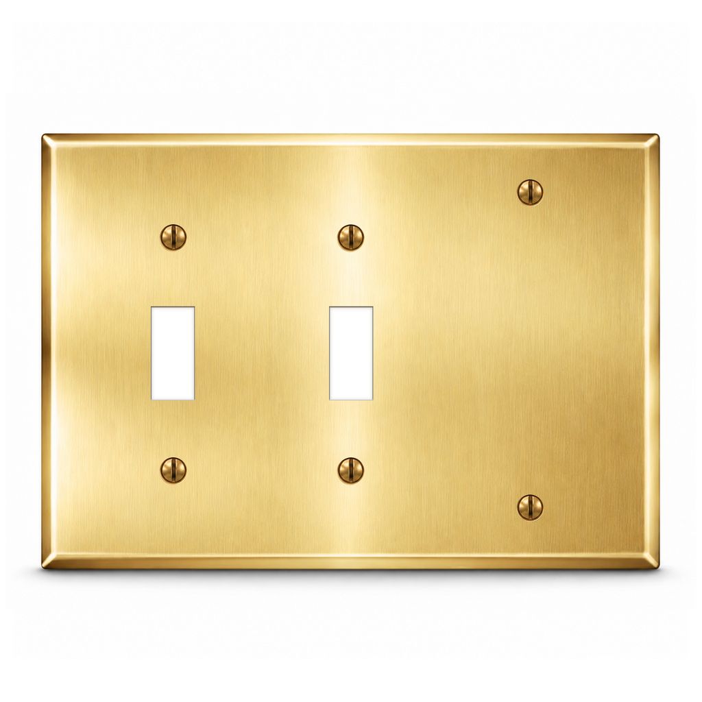 3-Gang, Standard Size, 2 Toggle / 1 Blank Opening, Satin Brass Finish, Metal Wall Plate Outlet Cover - Made in USA