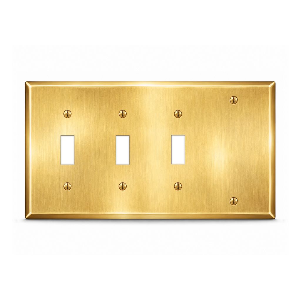 4-Gang, Standard Size, 3 Toggle Switch, 1 Blank Opening, Satin Brass Finish, Painted Metal Wall Plate Outlet Cover - Made in USA