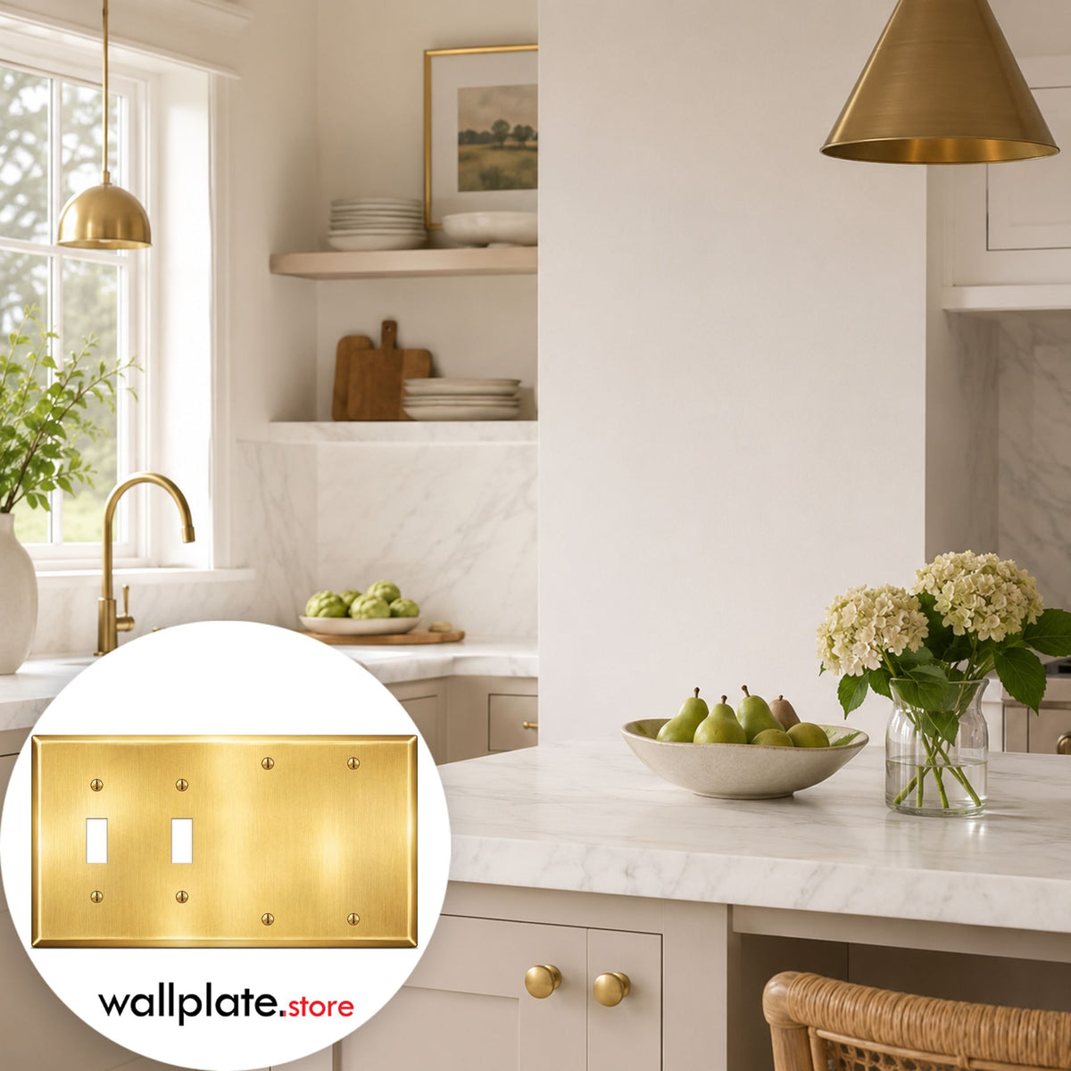 4-Gang Wallplate, Standard Size, 2 Toggle Switch & 2 Blank Openings, Satin Brass Finish Metal Wall Plate Cover - Made in USA