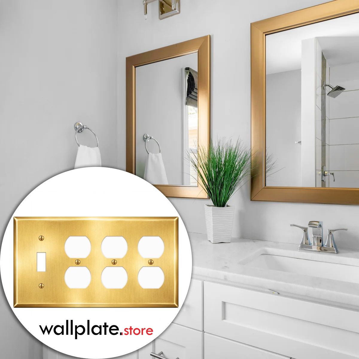 4-Gang Wallplate, Standard Size, 1 Toggle Switch & 3 Duplex Outlet Openings, Satin Brass Finish Metal Wall Plate Cover - Made in USA