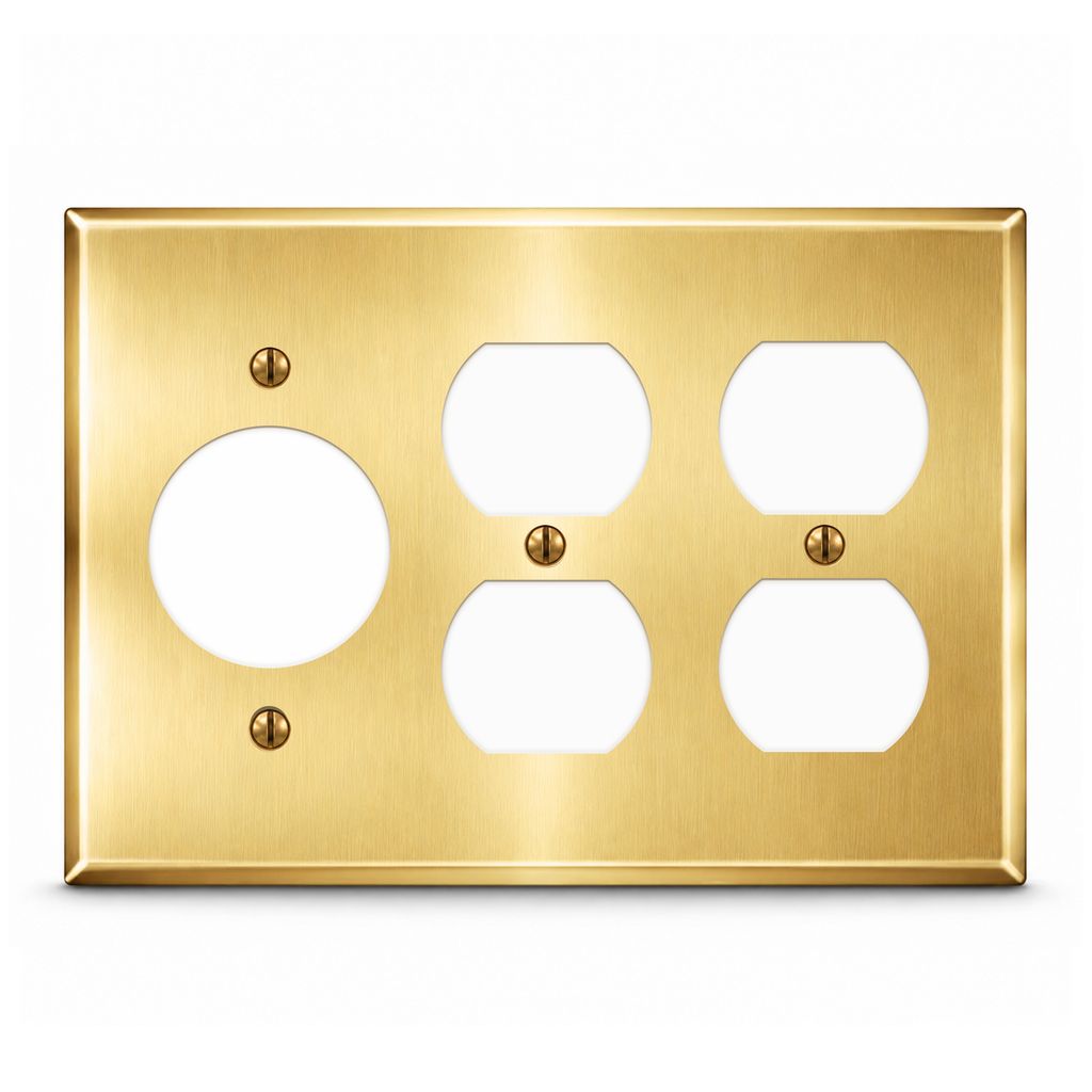 3-Gang, Standard Size, 1 Single Receptacle (1.405" ID), 2 Duplex Openings, Satin Brass Finish, Metal Wall Plate Outlet Cover - Made in USA