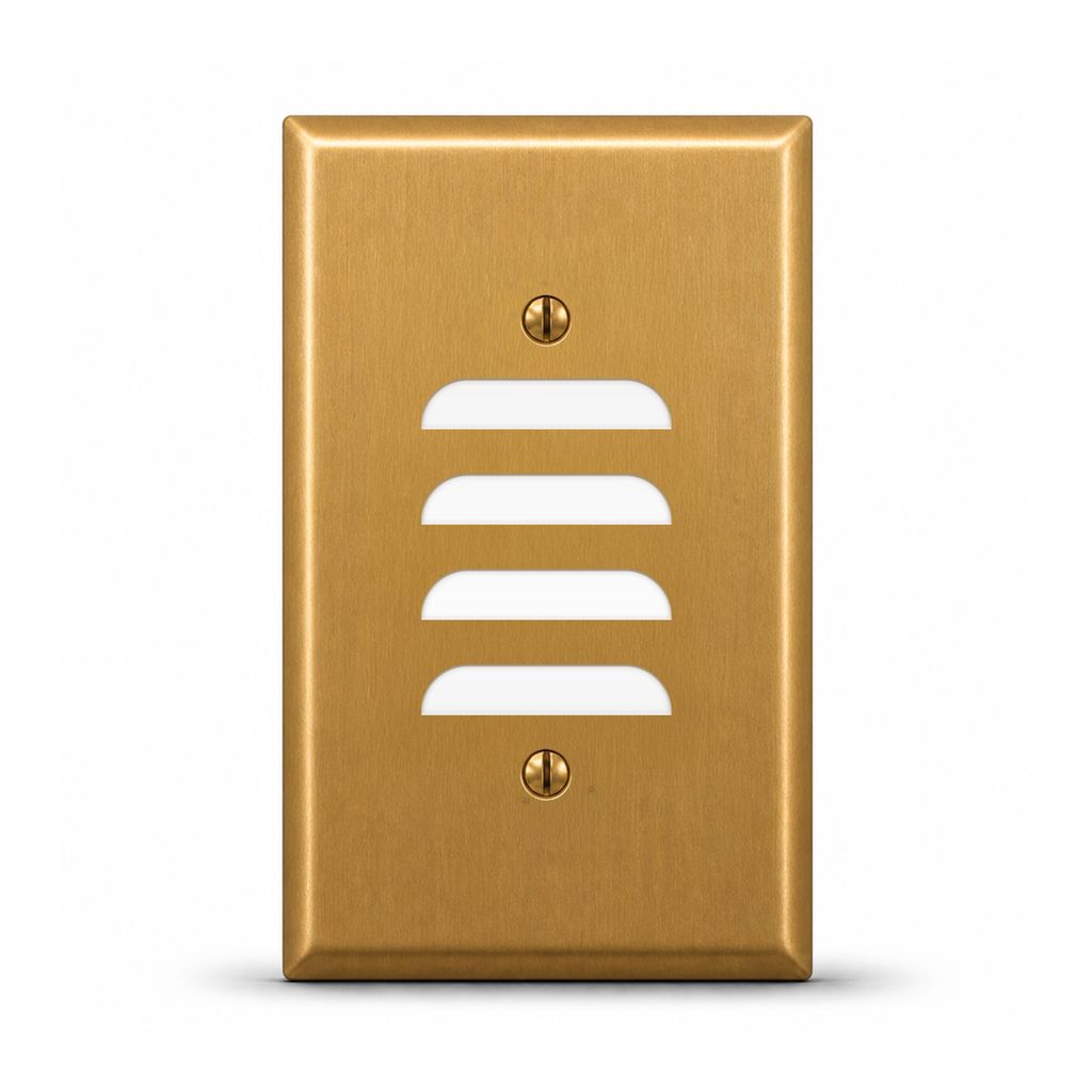 1-Gang, Standard Size, Vertical Louver Opening, Satin Brass Finish, Metal Wall Plate Outlet Cover - Made in USA