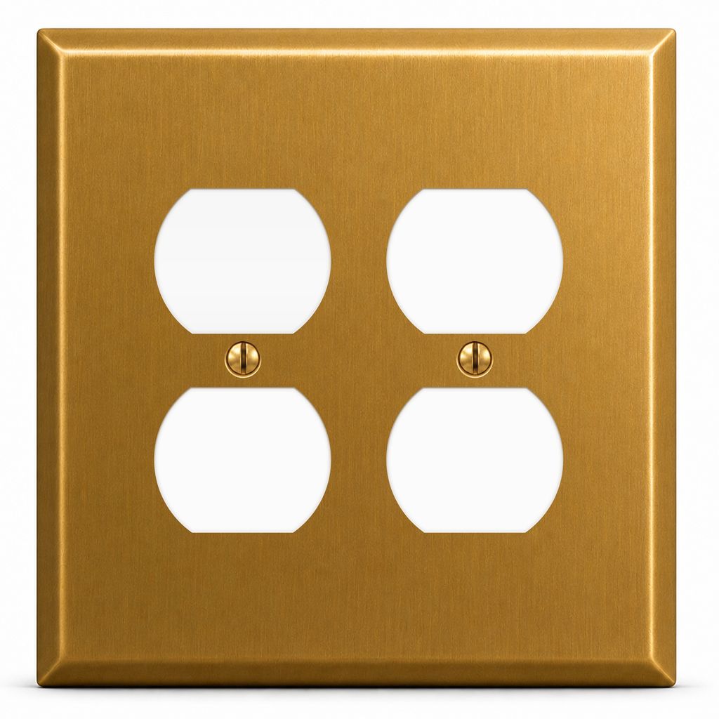2-Gang, 2 Duplex Outlet Openings, Oversize, Satin Brass Finish, Metal Wall Plate Outlet Cover - Made in USA