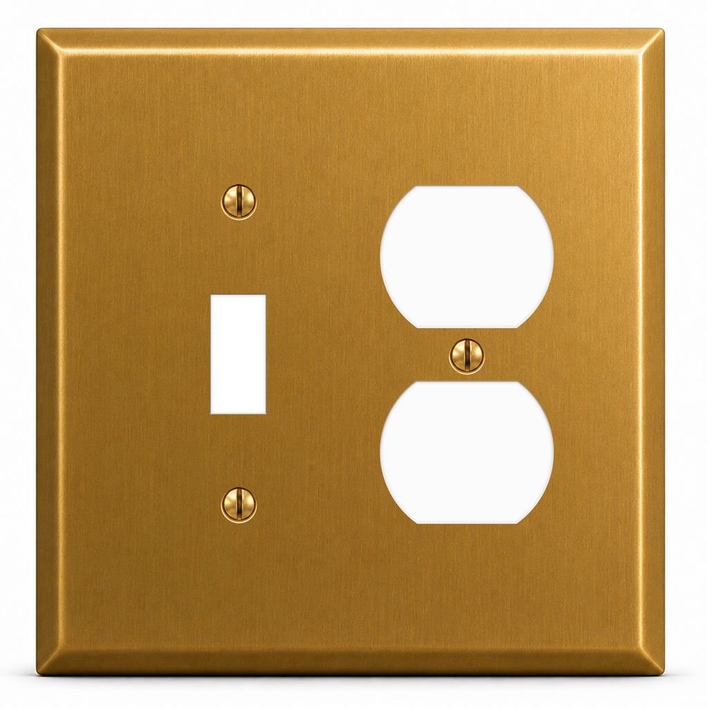 2-Gang, Oversize, 1 Toggle, 1 Duplex Opening, Satin Brass Finish, Metal Wall Plate Outlet Cover - Made in USA