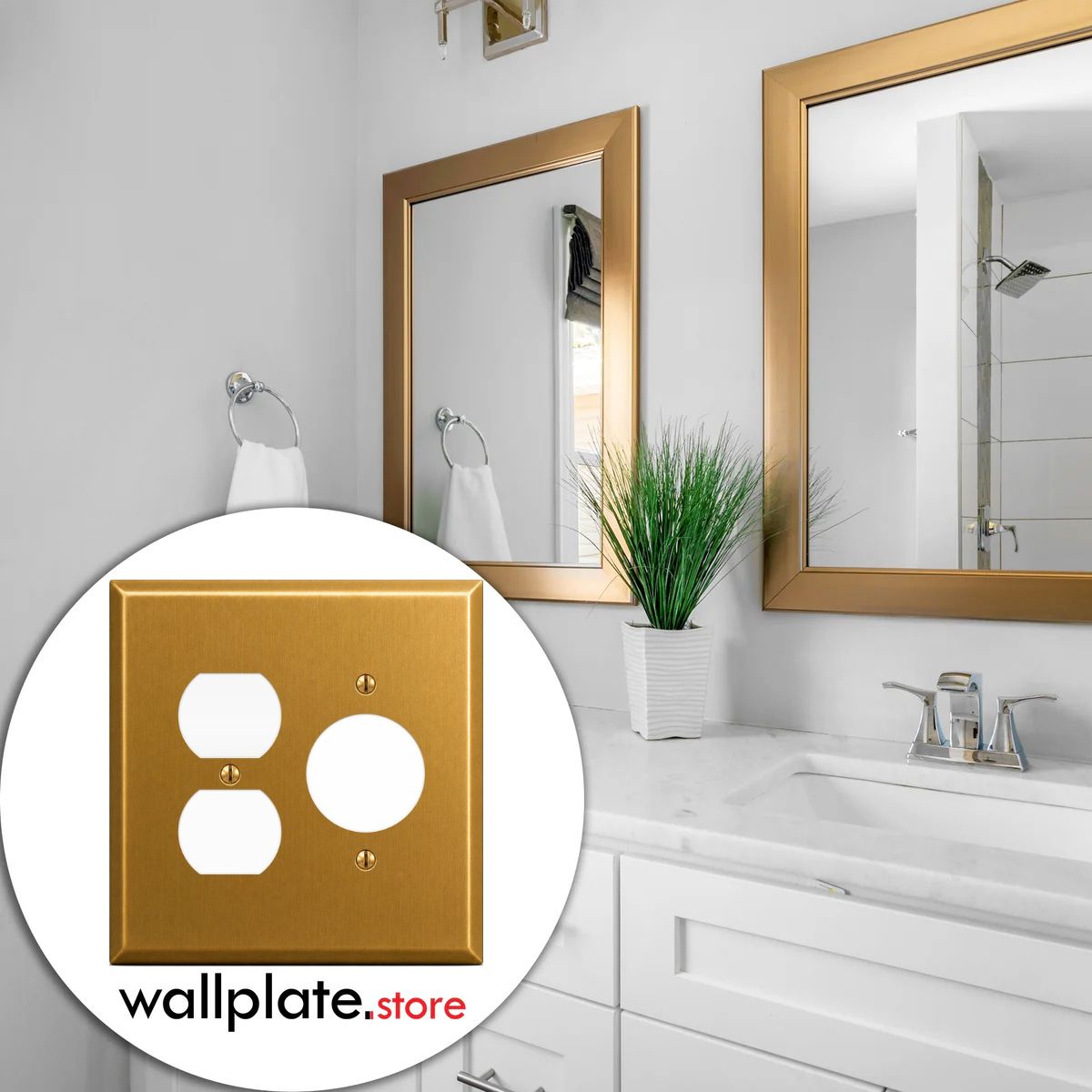 2-Gang, Oversize, 1 Duplex, 1 Single Receptacle Opening, Satin Brass Finish, Metal Wall Plate Outlet Cover - Made in USA