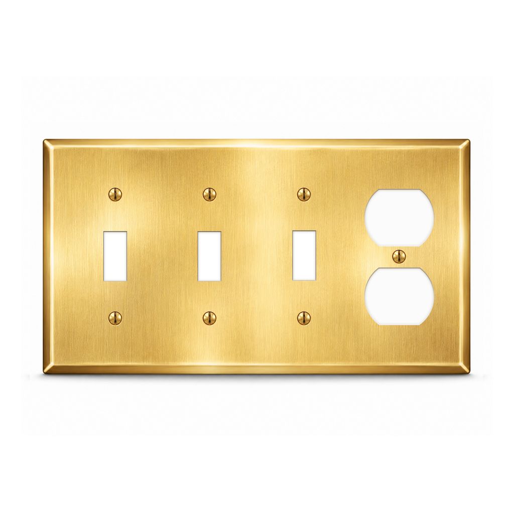 4-Gang, Oversize, 3 Toggle, 1 Duplex Opening, Satin Brass Finish, Metal Wall Plate Outlet Cover - Made in USA