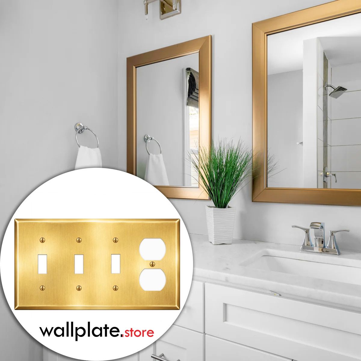 4-Gang, Oversize, 3 Toggle, 1 Duplex Opening, Satin Brass Finish, Metal Wall Plate Outlet Cover - Made in USA