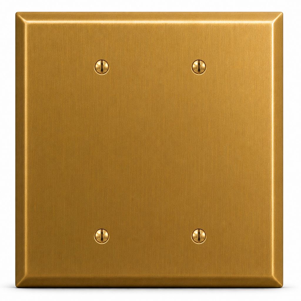 2-Gang, Oversize Size, 2 Blank Openings, Satin Brass Finish, Solid Brass Metal Wall Plate Outlet Cover - Made in USA