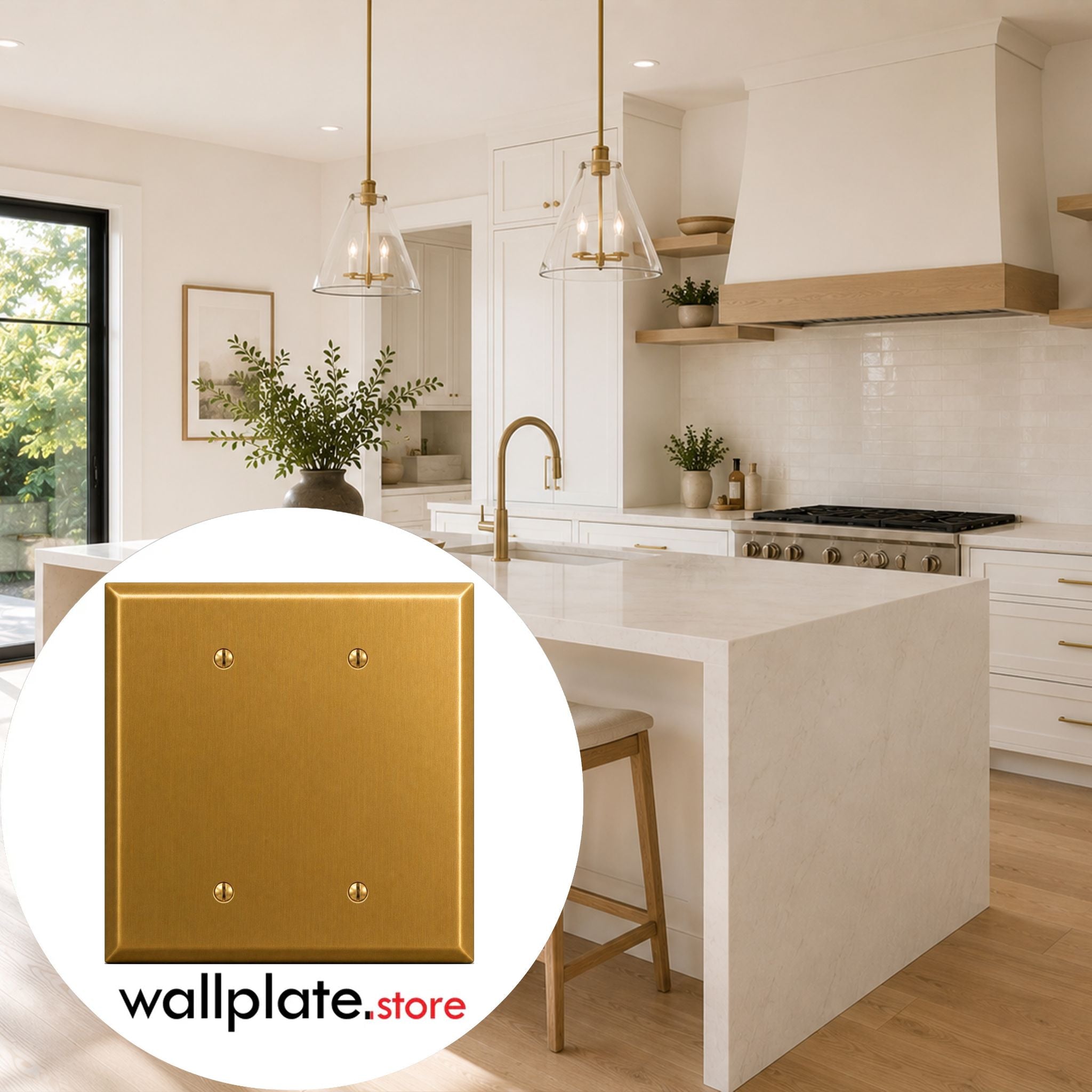 2-Gang, Oversize Size, 2 Blank Openings, Satin Brass Finish, Solid Brass Metal Wall Plate Outlet Cover - Made in USA