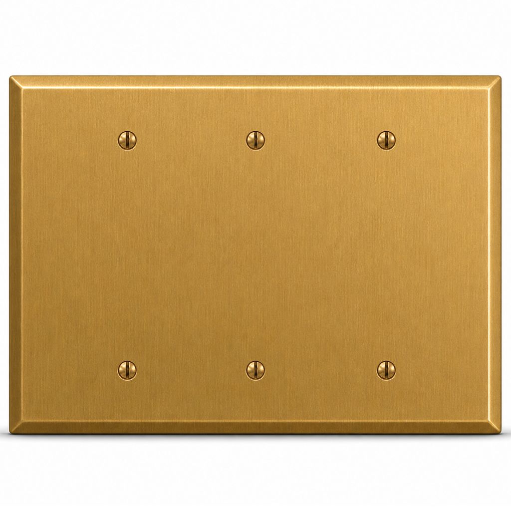 3-Gang, Oversize Size, 3 Blank Openings, Satin Brass Finish, Solid Brass Metal Wall Plate Outlet Cover - Made in USA