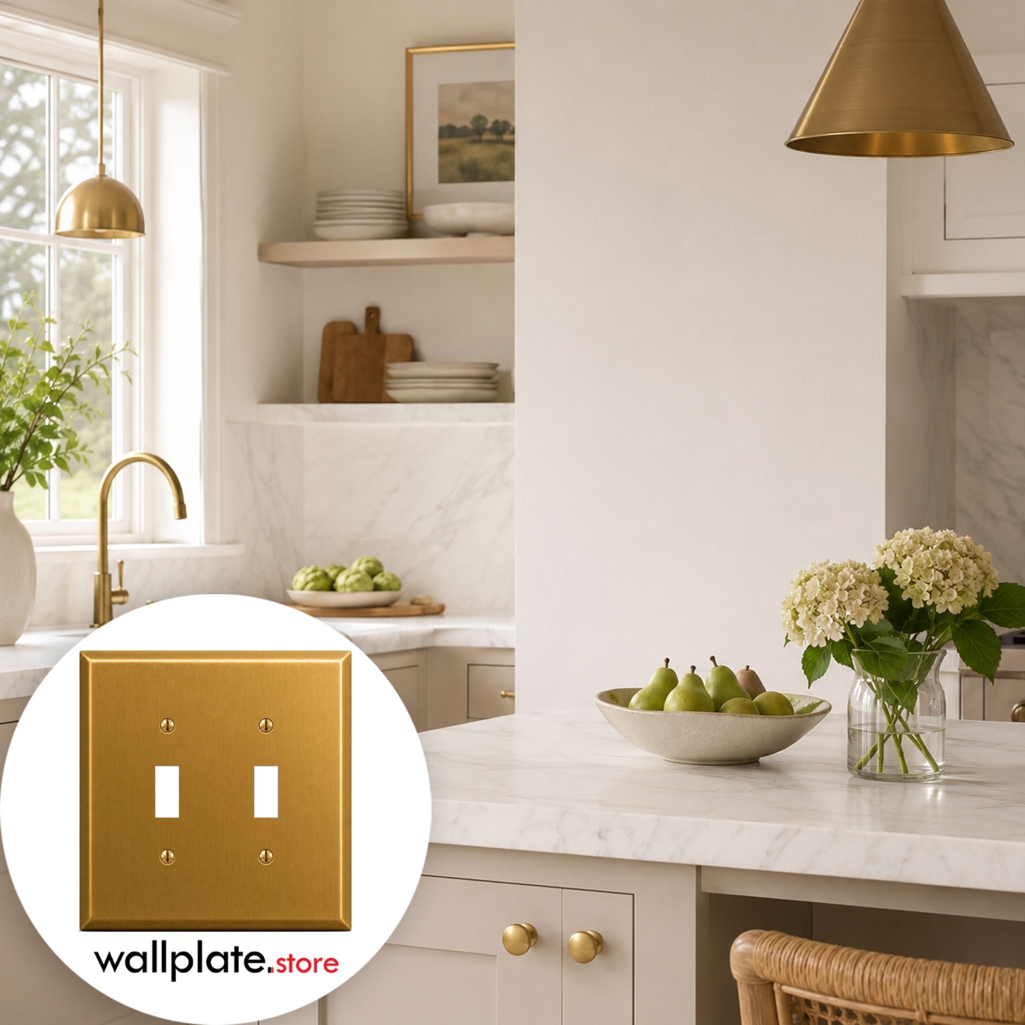 2-Gang, Oversize Size, 2 Toggle Openings, Satin Brass Finish, Solid Brass Metal Wall Plate Outlet Cover - Made in USA