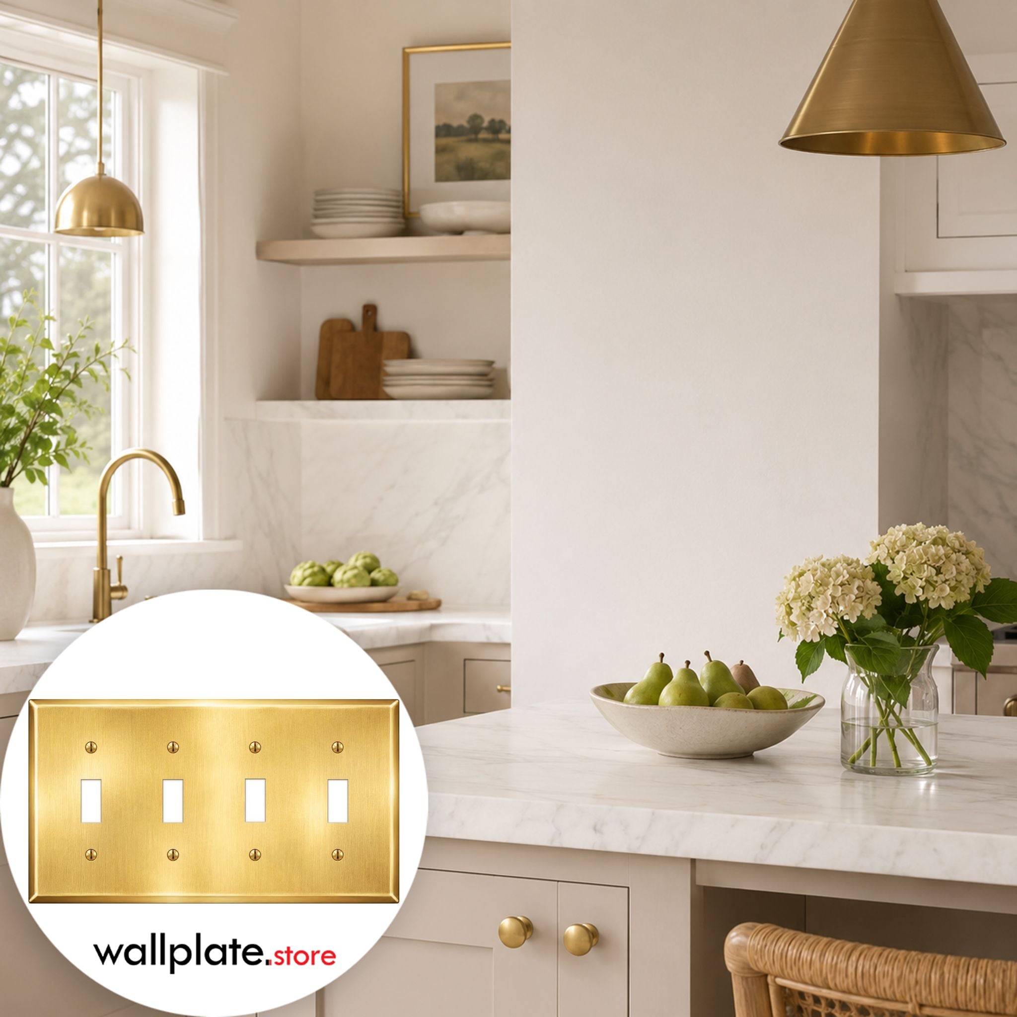 4-Gang, Oversize Size, 4 Toggle Openings, Satin Brass Finish, Solid Brass Metal Wall Plate Outlet Cover - Made in USA