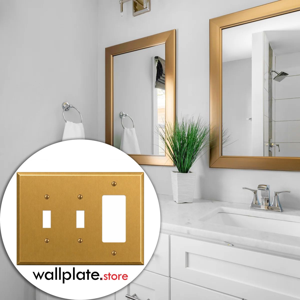 3-Gang, Oversize Size, 2 Toggle, 1 GFCI/Decorator Opening, Satin Brass Finish, Solid Brass Metal Wall Plate Outlet Cover - Made in USA