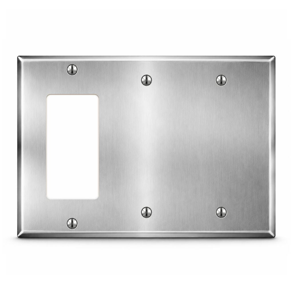 3-Gang, Standard Size, 1 GFI Opening, 2 Blank Openings, Metallic Finish, Metal Wall Plate Outlet Cover - Made in USA
