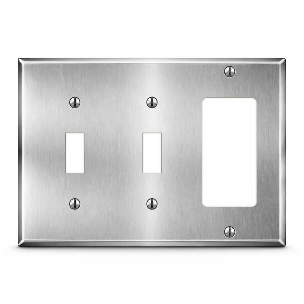 3-Gang, Standard Size, 2 Toggle, 1 GFI Opening, Metallic Finish, Metal Wall Plate Outlet Cover - Made in USA