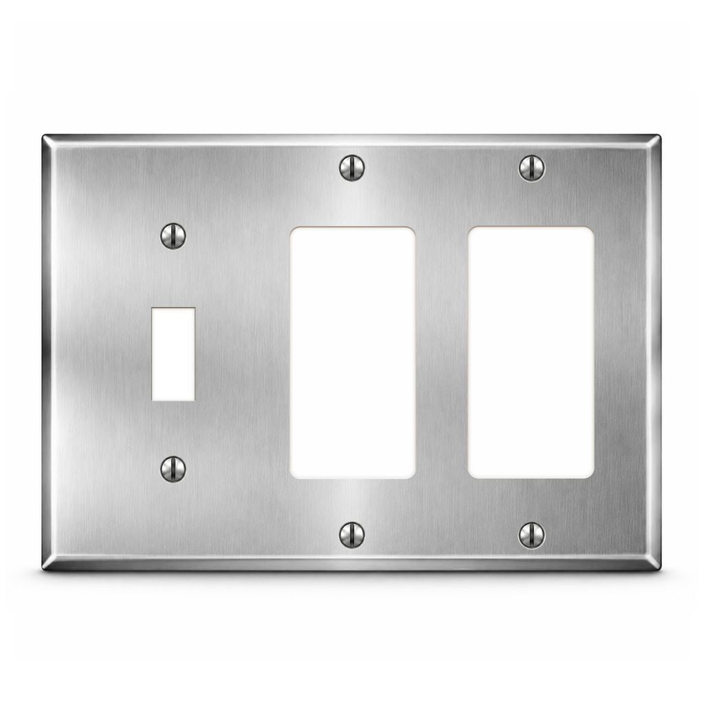 3-Gang, Standard Size, 1 Toggle, 2 GFI Openings, Metallic Finish, Metal Wall Plate Outlet Cover - Made in USA