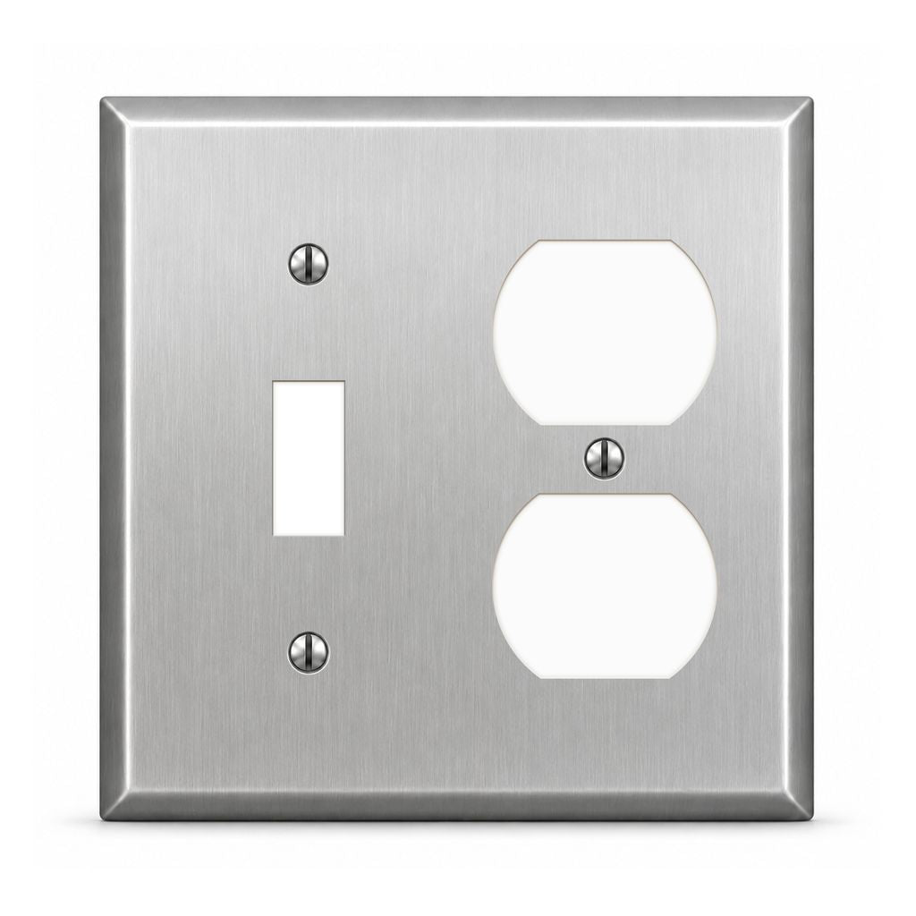 2-Gang, Standard Size, (1) Toggle, (1) Duplex Opening, Metallic Finish, Metal Wall Plate Outlet Cover - Made in USA