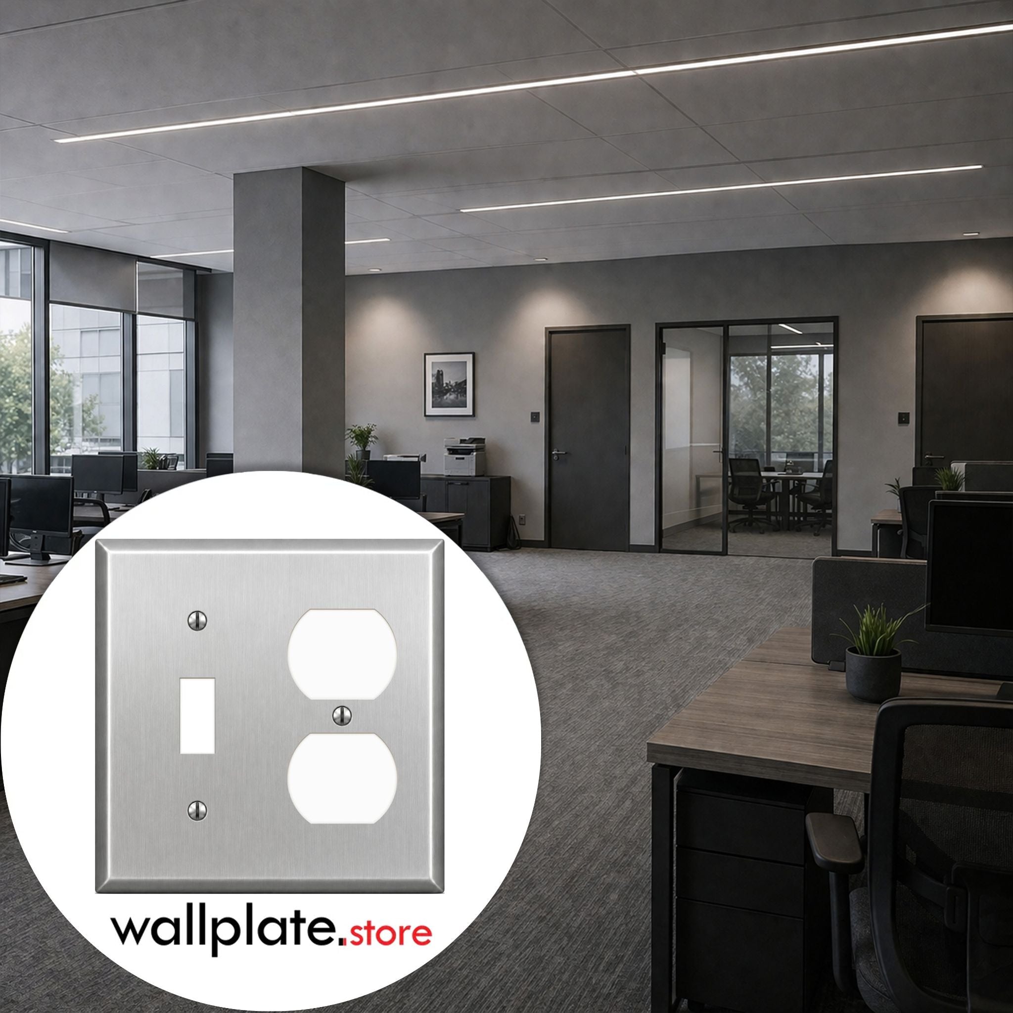 2-Gang, Standard Size, (1) Toggle, (1) Duplex Opening, Metallic Finish, Metal Wall Plate Outlet Cover - Made in USA
