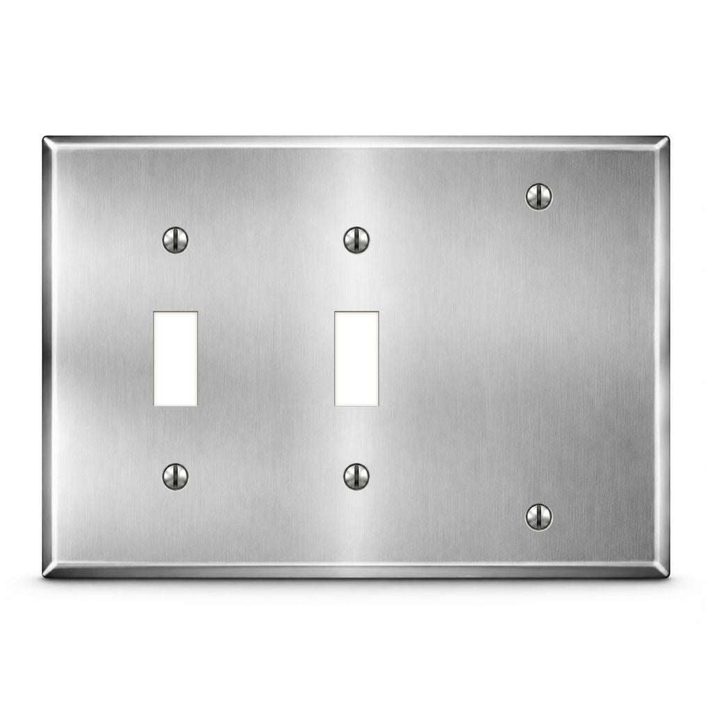 3-Gang, Standard Size, 2 Toggle, 1 Blank Opening, Metallic Finish, Metal Wall Plate Outlet Cover - Made in USA