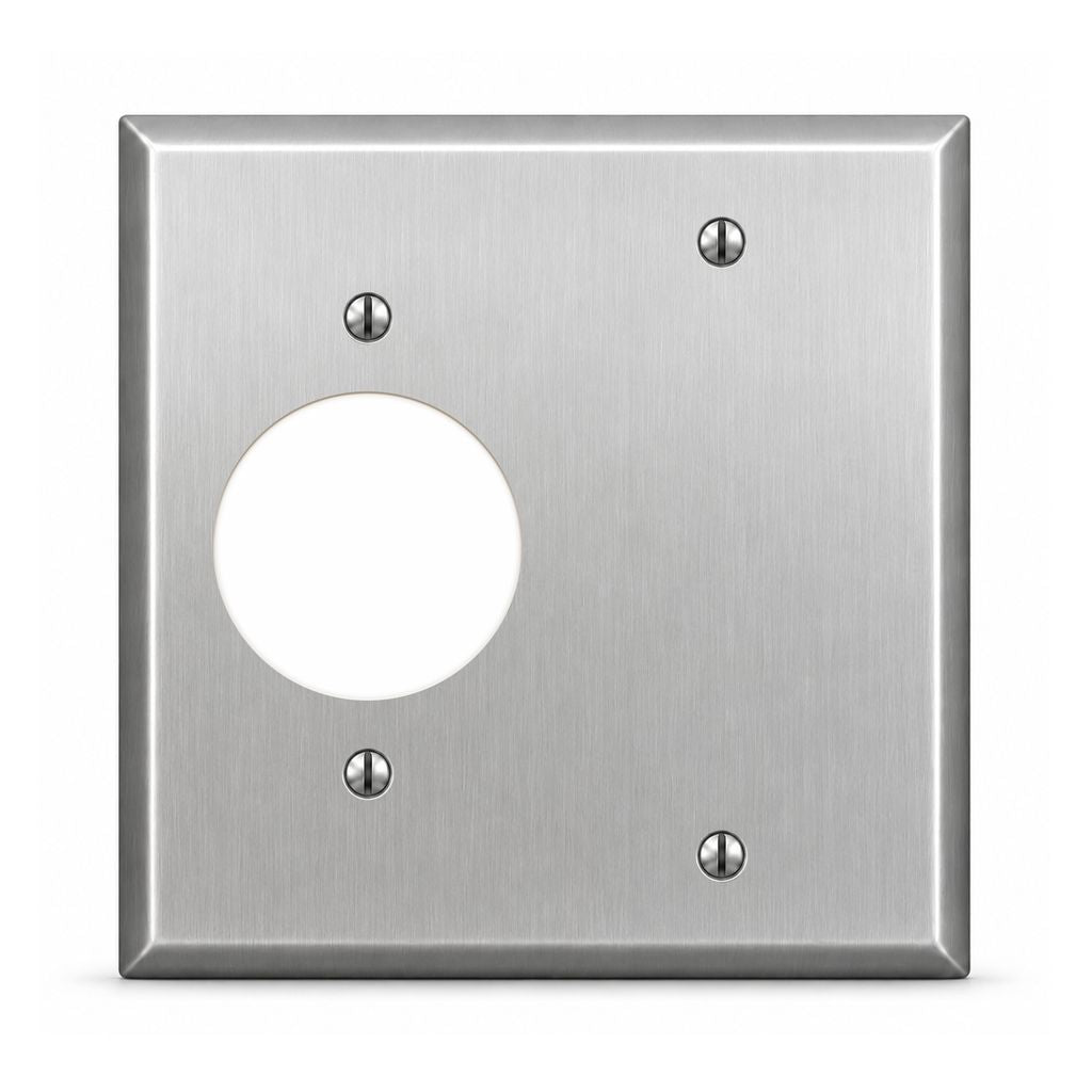 2-Gang, Standard Size, 1 Single Receptacle, 1 GFCI Opening, Metallic Finish, Metal Wall Plate Outlet Cover - Made in USA