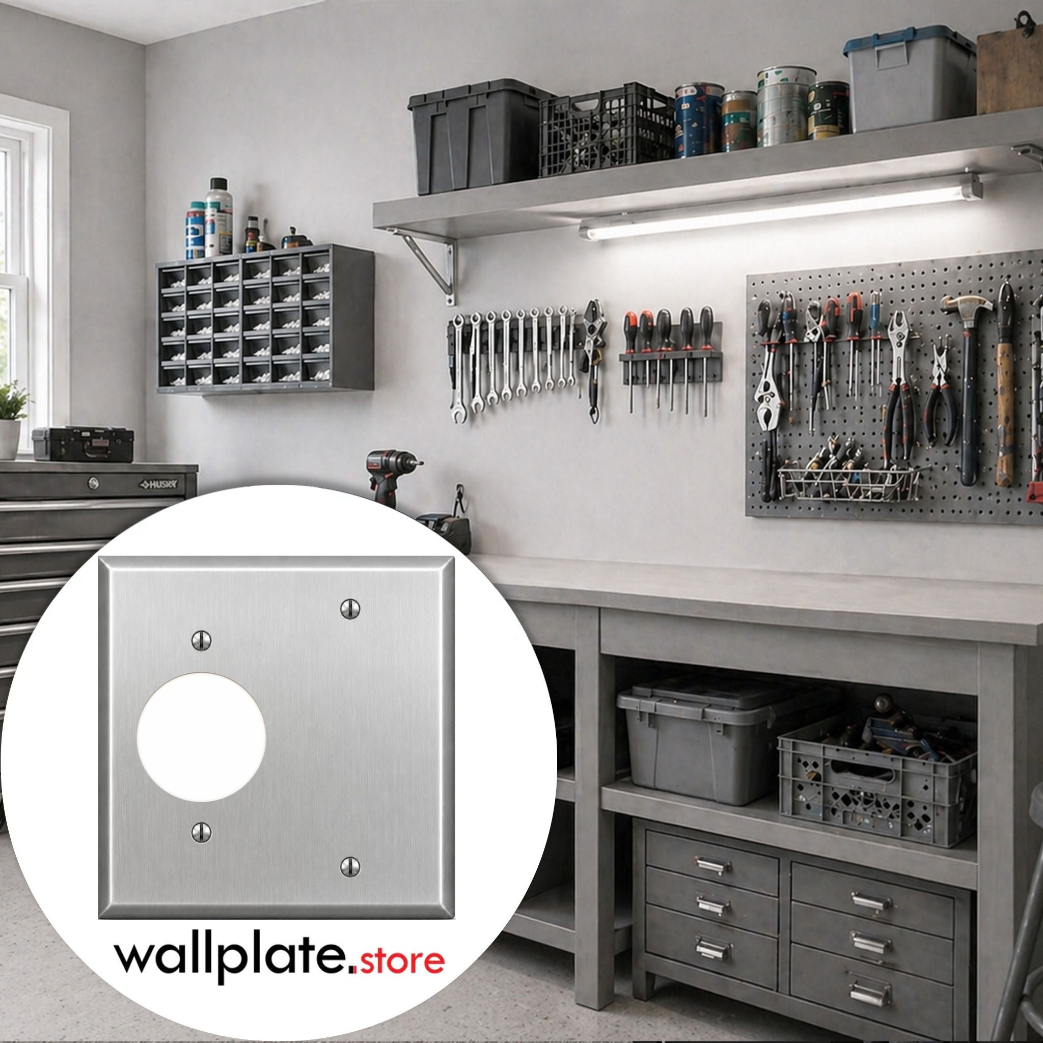 2-Gang, Standard Size, 1 Single Receptacle, 1 GFCI Opening, Metallic Finish, Metal Wall Plate Outlet Cover - Made in USA