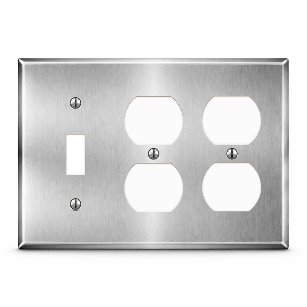 3-Gang, Standard Size, 1 Toggle, 2 Duplex Openings, Metallic Finish, Metal Wall Plate Outlet Cover - Made in USA