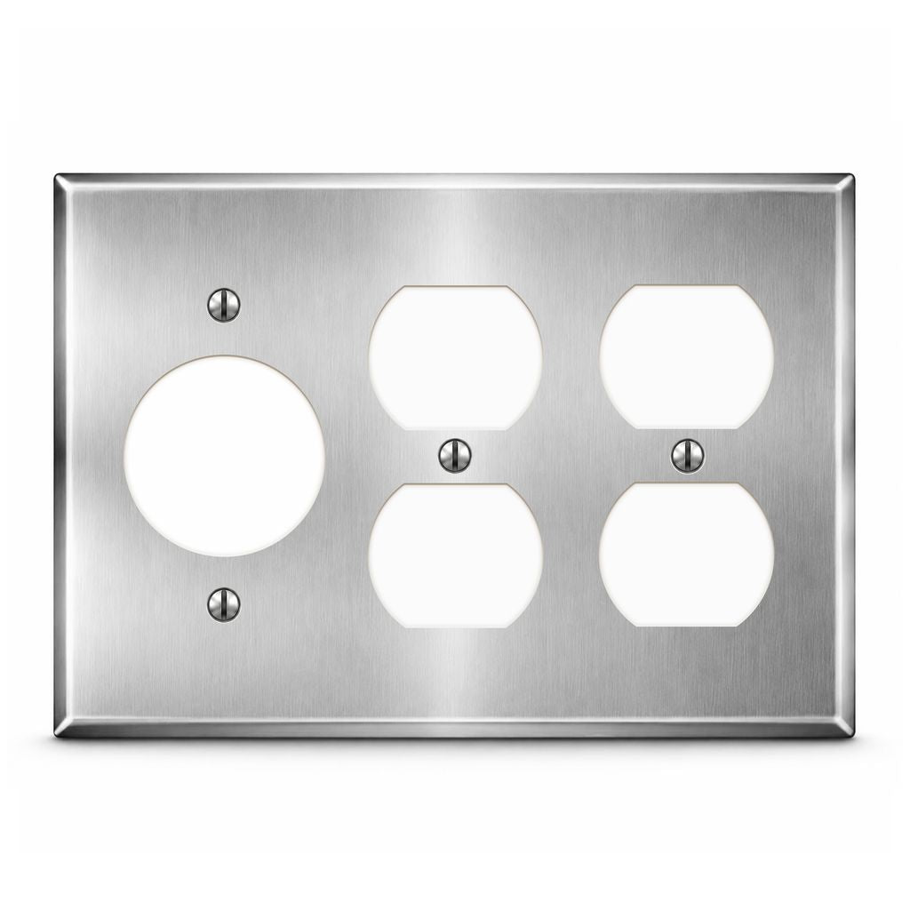 3-Gang, Standard Size, 1 Single Receptacle, 2 Duplex Openings, Metallic Finish, Metal Wall Plate Outlet Cover - Made in USA