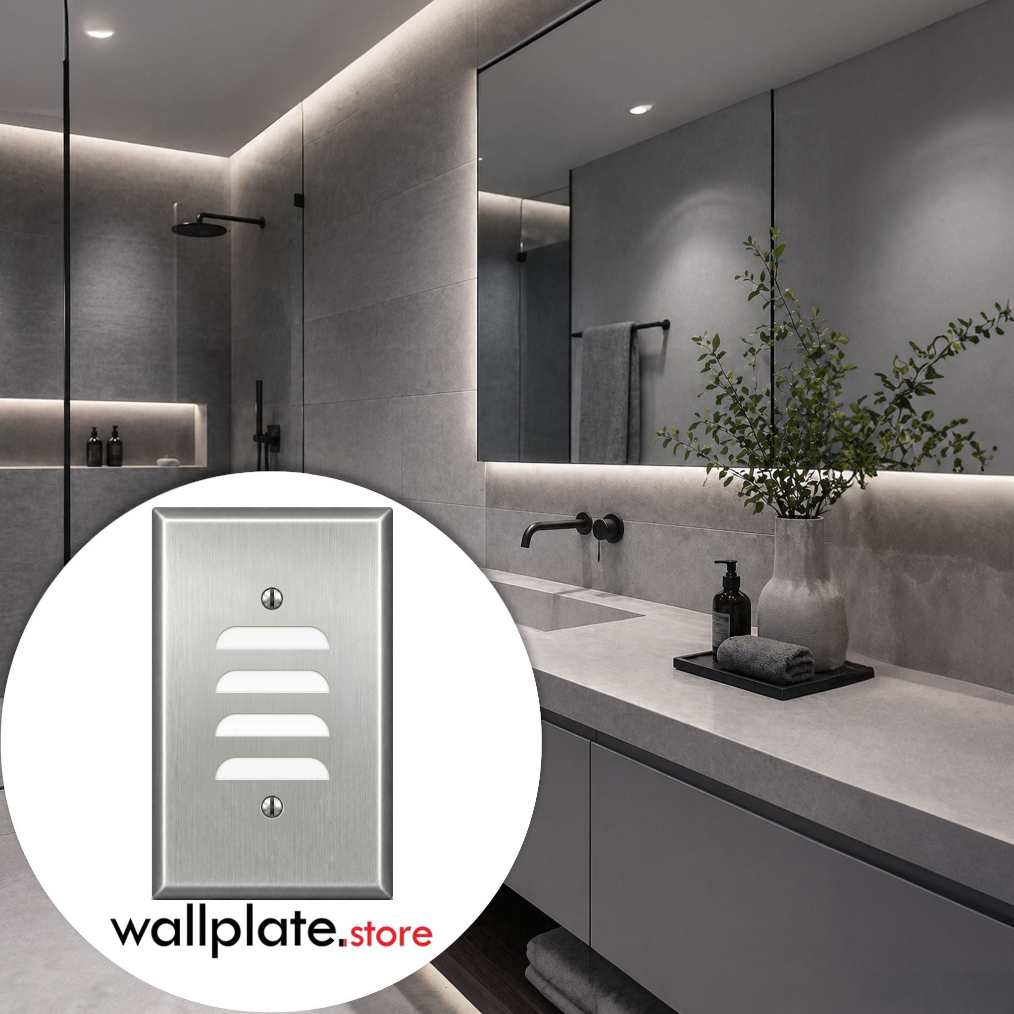 1-Gang, Standard Size, Louver Opening Vertical Position, Metallic Finish, Metal Wall Plate Outlet Cover - Made in USA