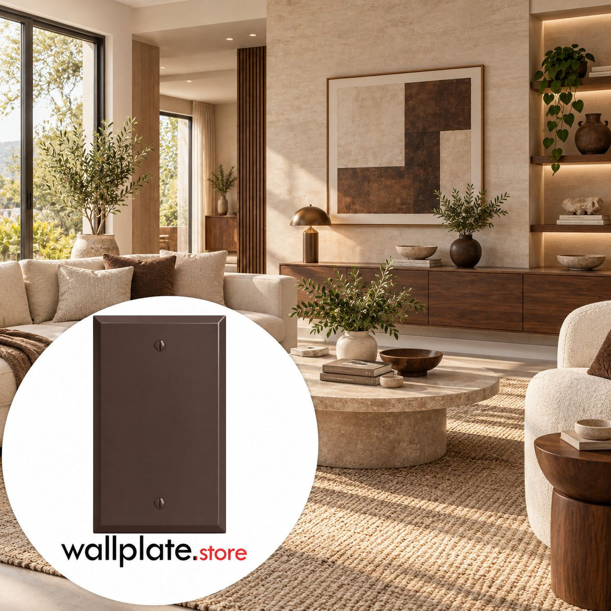 1-Gang, Standard Size, Blank Opening, Brown Semi-Gloss Finish, Painted Metal Wall Plate Outlet Cover - Made in USA