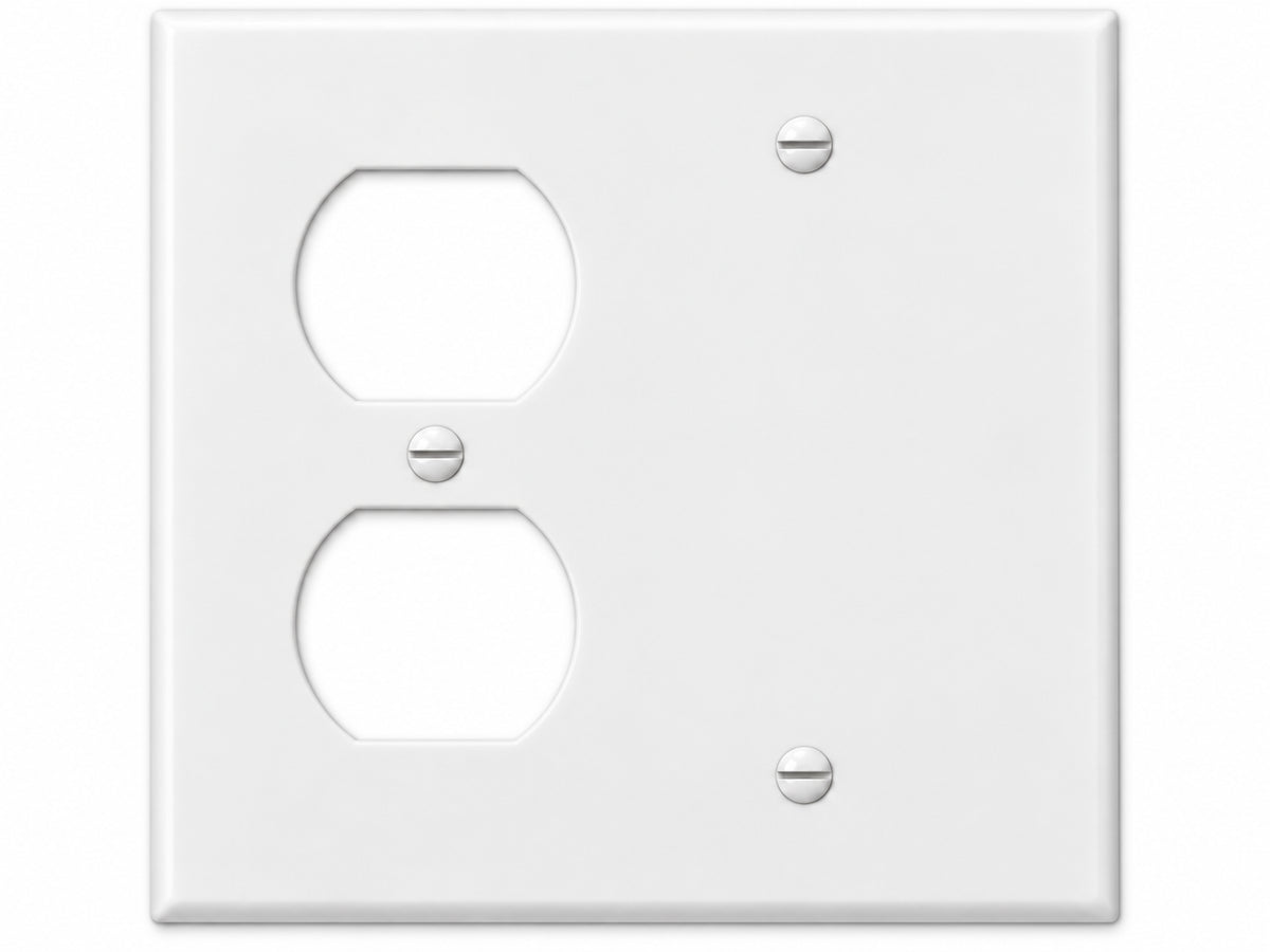 2-Gang, Standard Size, 1 Duplex Receptacle Opening and 1 Blank Opening, White Finish, Thermoplastic Wall Plate Outlet Cover