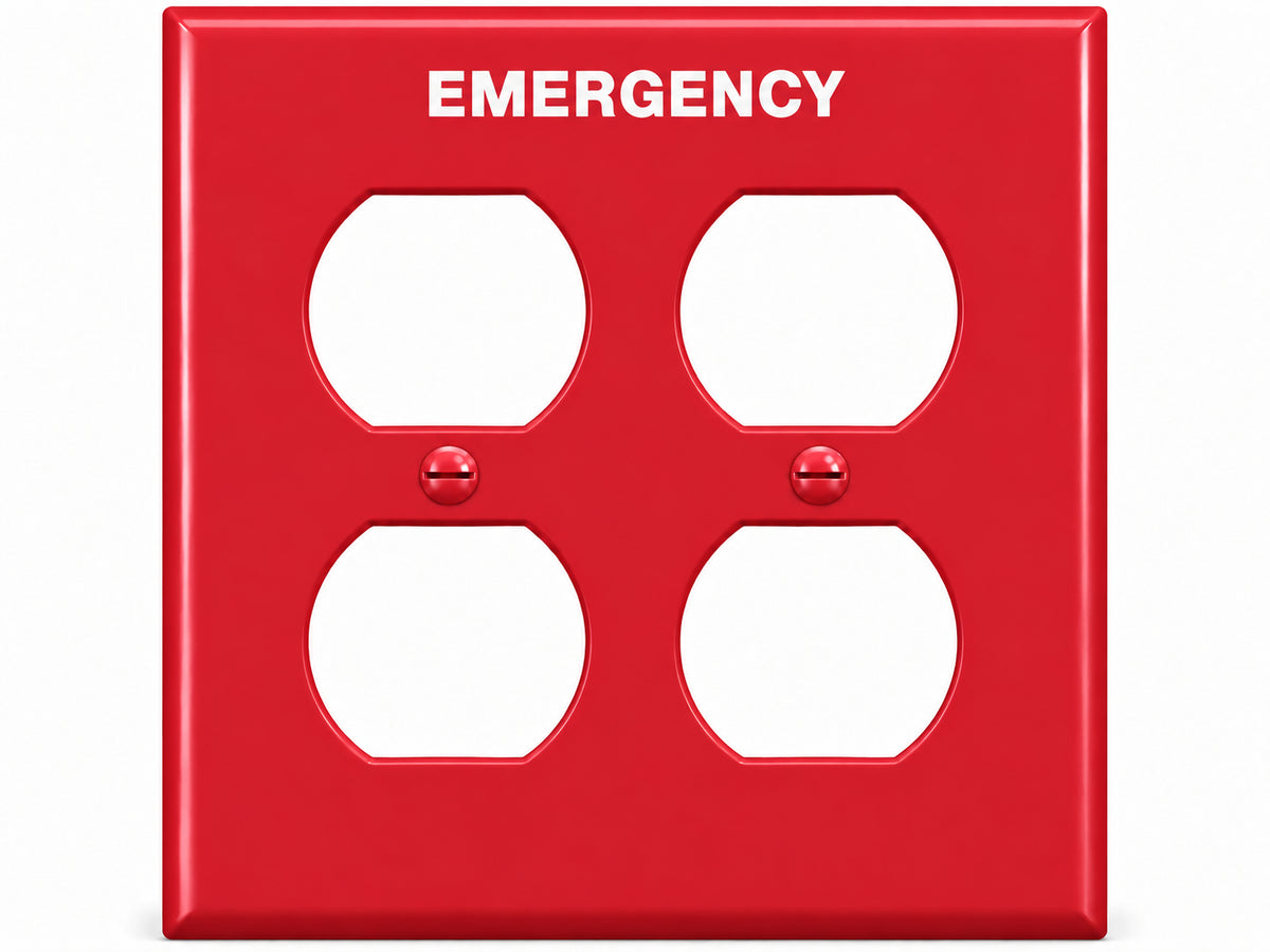 2-Gang, Standard Size, 2 Duplex, Red Thermoplastic Wall Plate Cover, Emergency Marked
