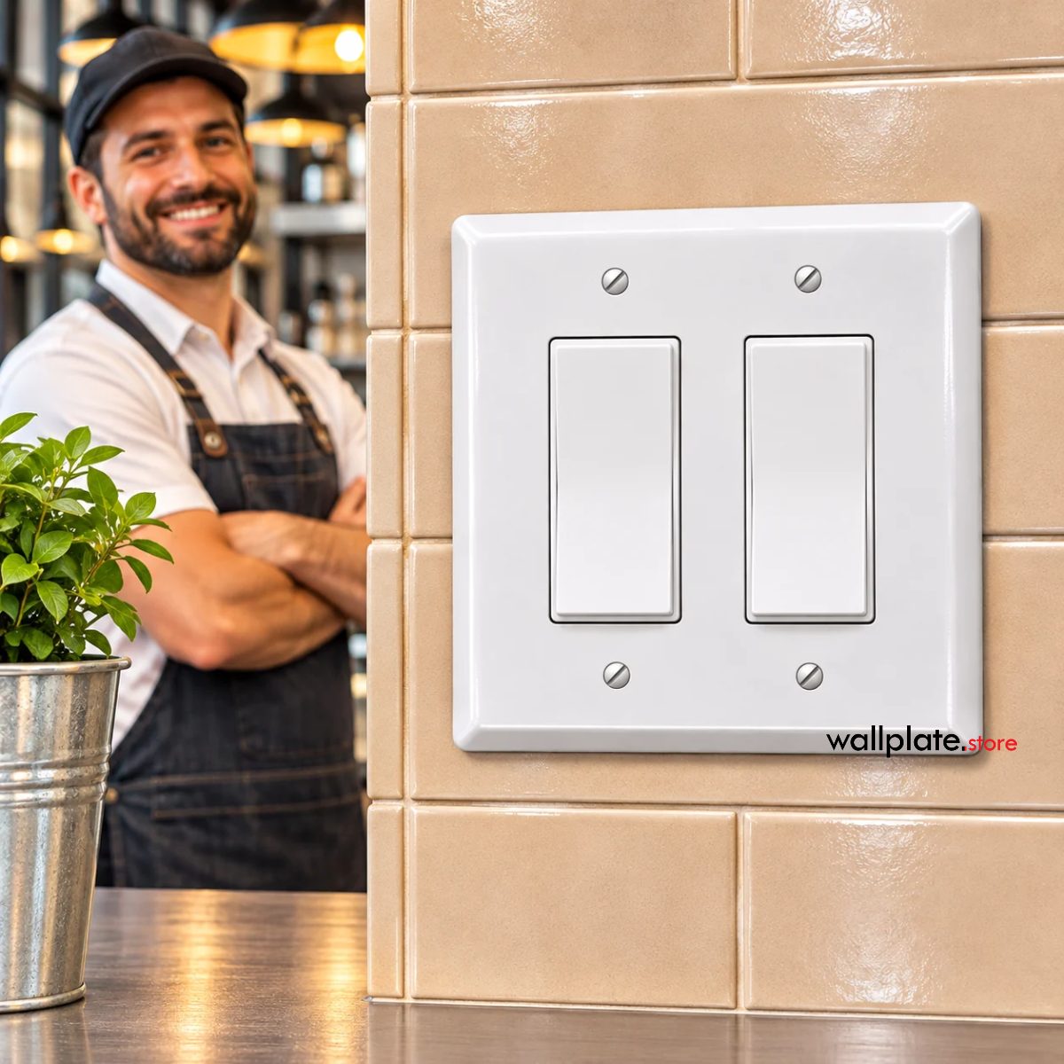 2-gang oversize metal wall plate – 2 Decora/GFCI openings – white semi-gloss, installed on tiles above counter in a restaurant kitchen.