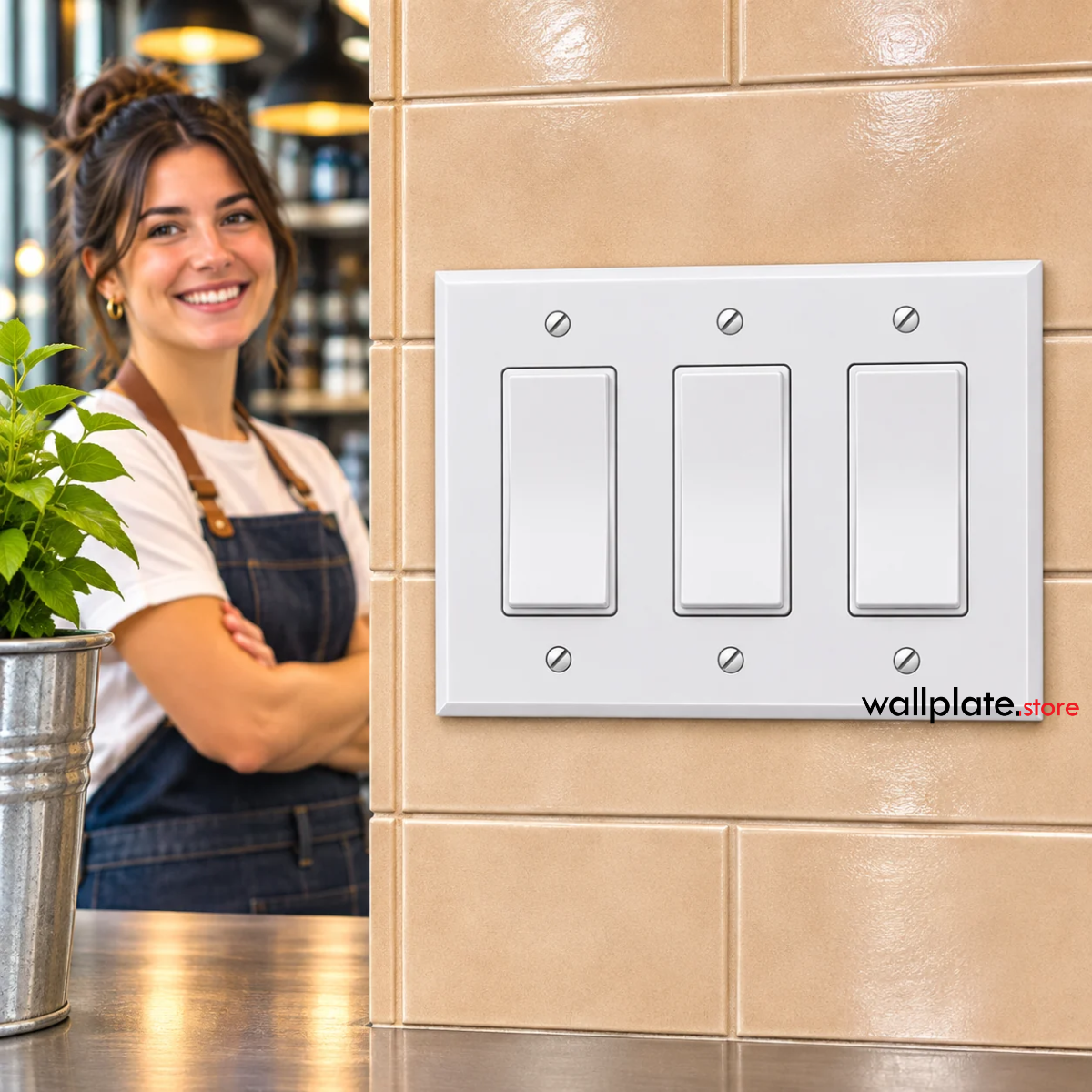 3-Gang Oversize Metal Wall Plate – 3 Decora/GFCI Openings – White Semi-Gloss, Item 86836 Installed in Restaurant Kitchen Over the Counter Area