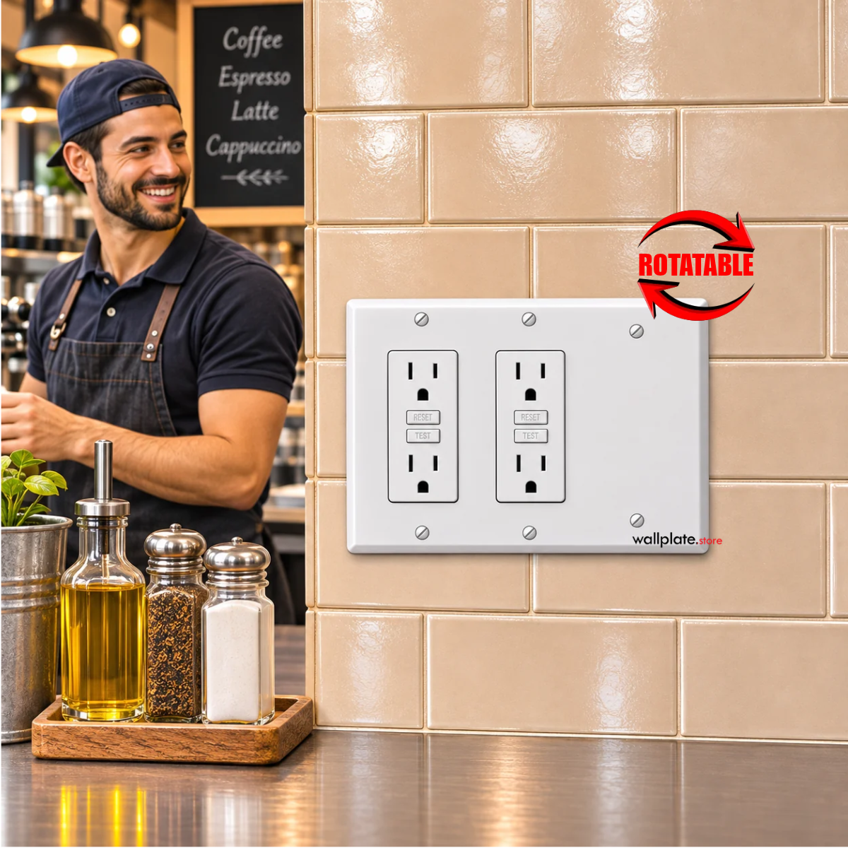White 3-gang standard-size metal wall plate with two GFCI outlets and one blank section installed above a restaurant counter, part 86343