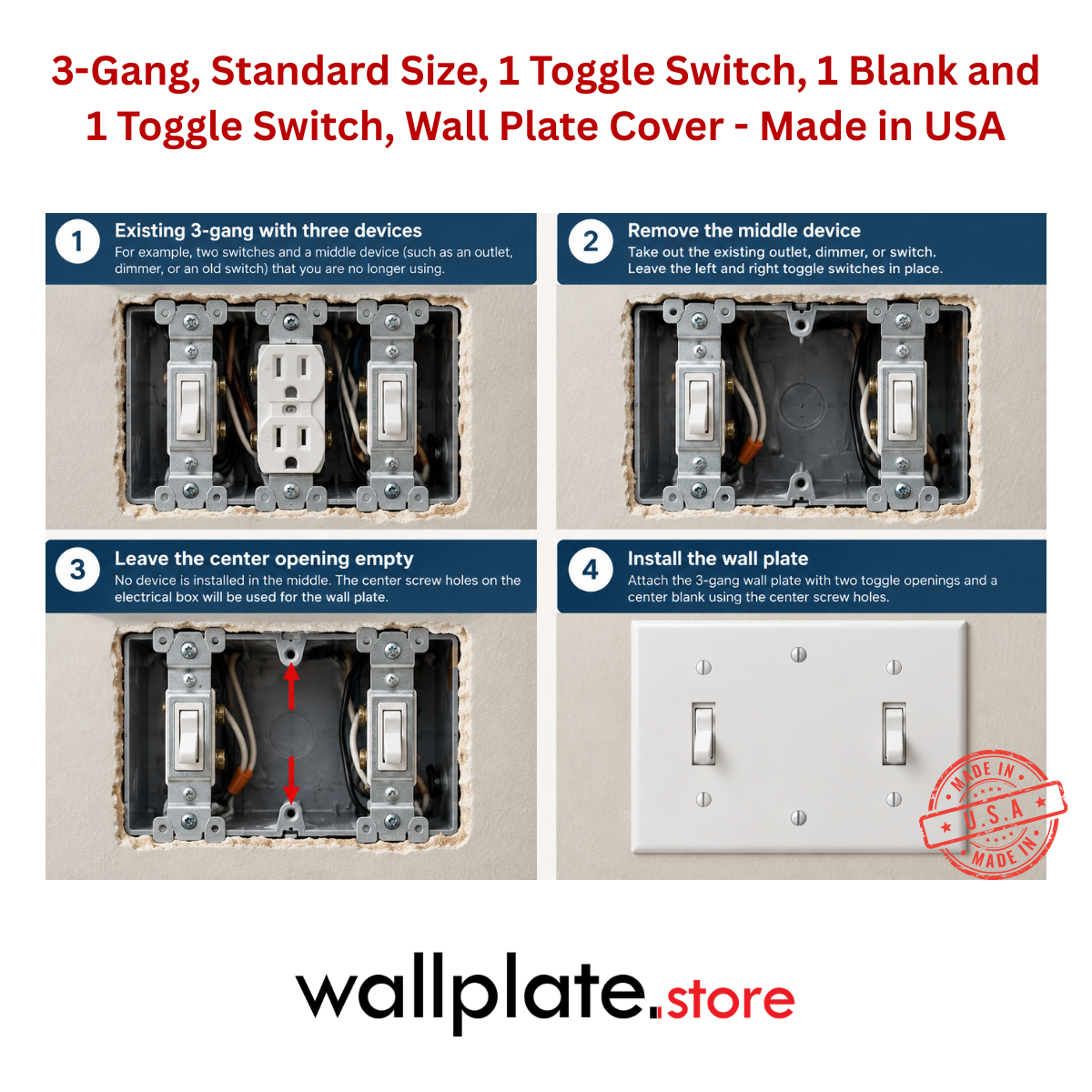 White 3-gang toggle-blank-toggle wall plate installation guide showing two toggle switches with the center gang left unused.
