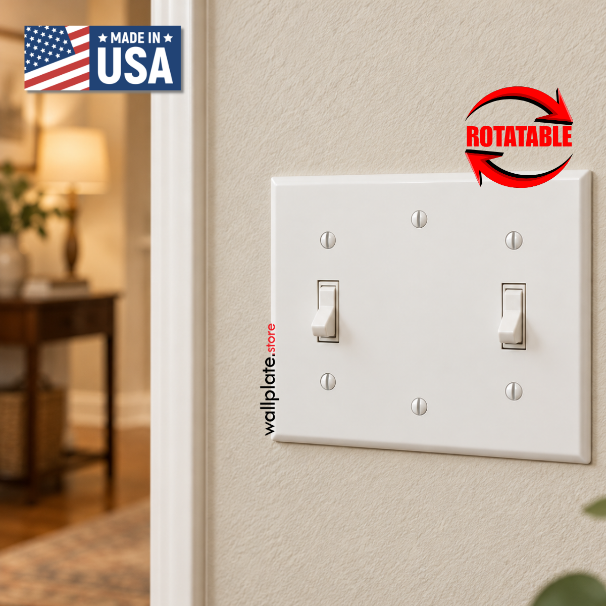 3 gang white metal wall plate with 1 toggle, 1 blank, 1 toggle openings installed in hallway next to a living room.