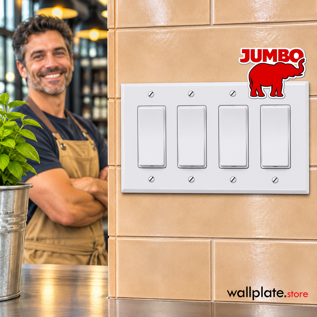 4-Gang Oversize Metal Wall Plate – 4 Decora/GFCI Openings – White Semi-Gloss - Installed On Tiles in a Restaurant Serving Area