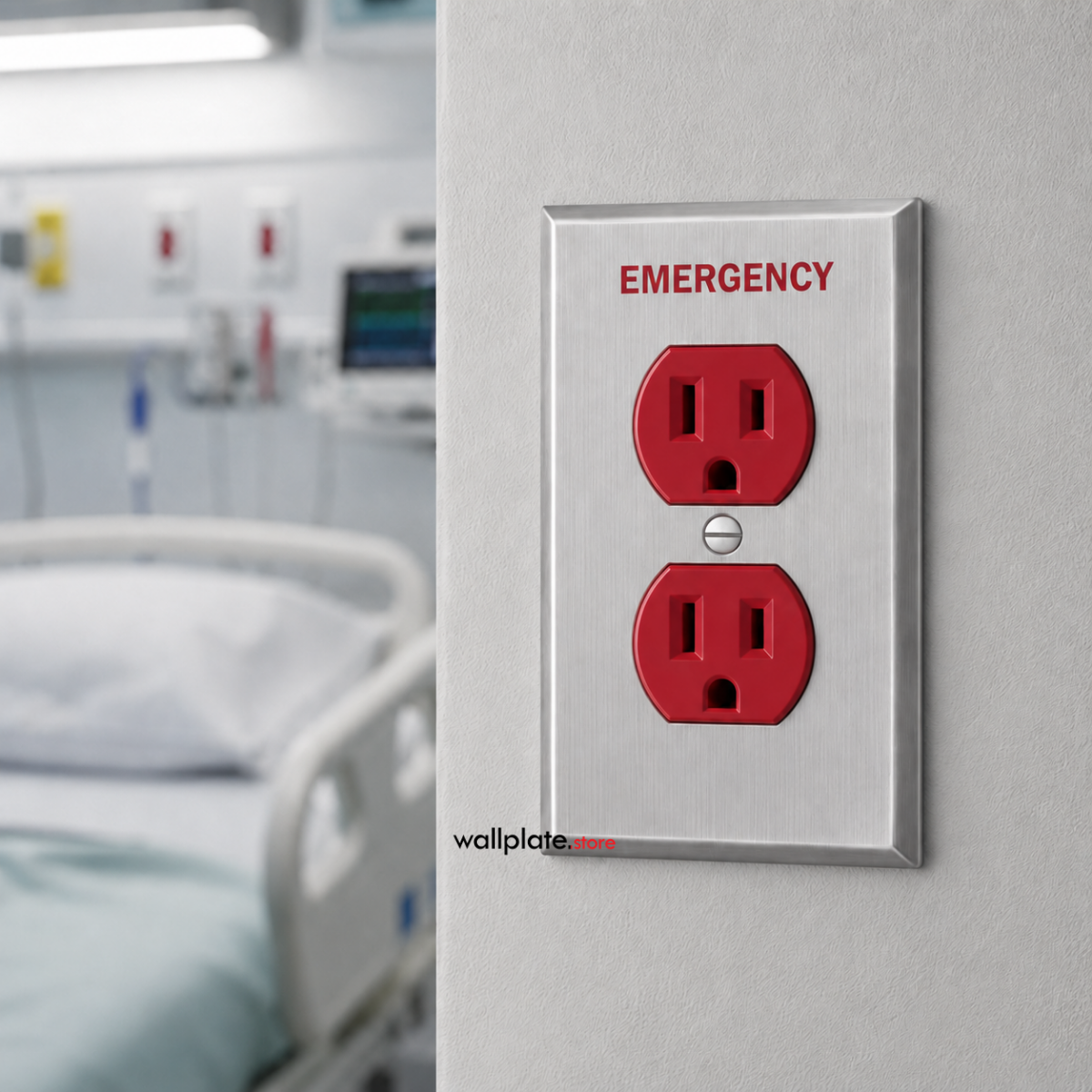 1-Gang Emergency Duplex Outlet Wall Plate – Type 304 Stainless Steel, Red Engraved, Made in USA