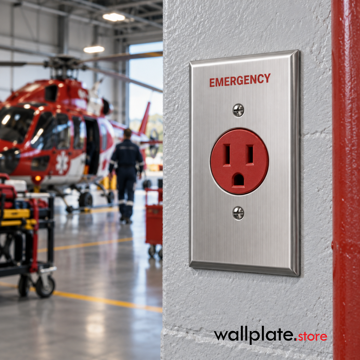 1-Gang Standard Type 304 Stainless Steel Wall Plate – 1.405-Inch Single Receptacle – Red “EMERGENCY” Engraving