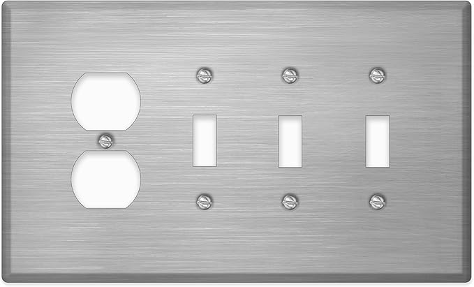 4 Gang Oversized, 3 Toggle Switches and 1 Duplex Receptacle , Stainless Steel Wallplate